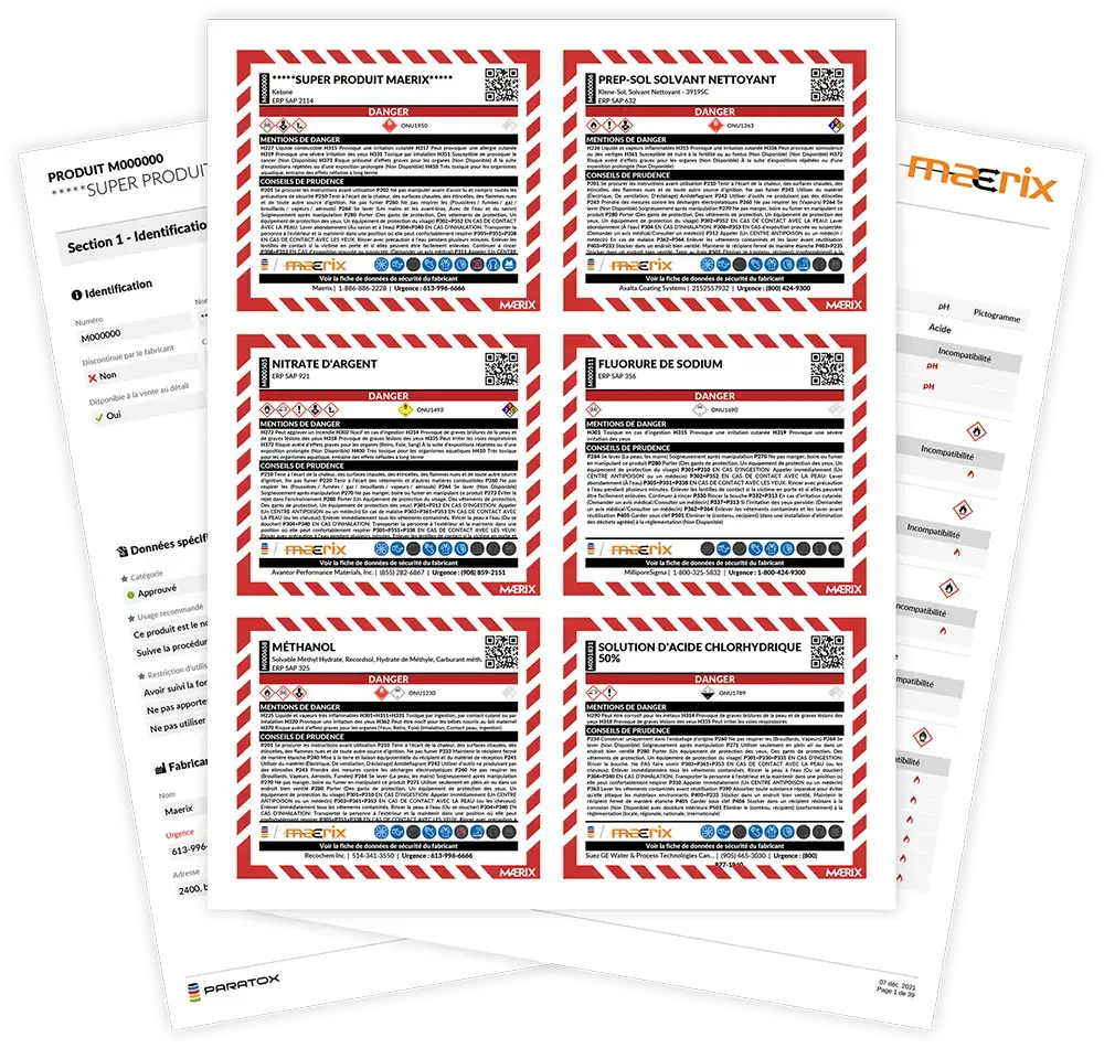 étiquettes de produits dangereux, fiche résumée et rapports d'inventaire