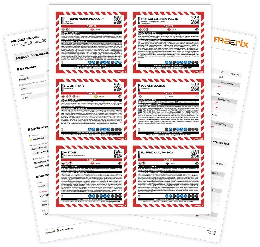 hazardous product labels, summary sheet and inventory reports