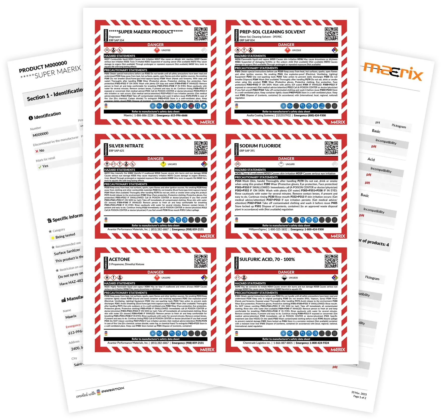 hazardous product labels, summary sheet and inventory reports