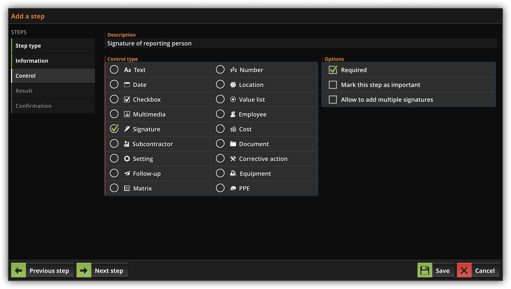 Available control types