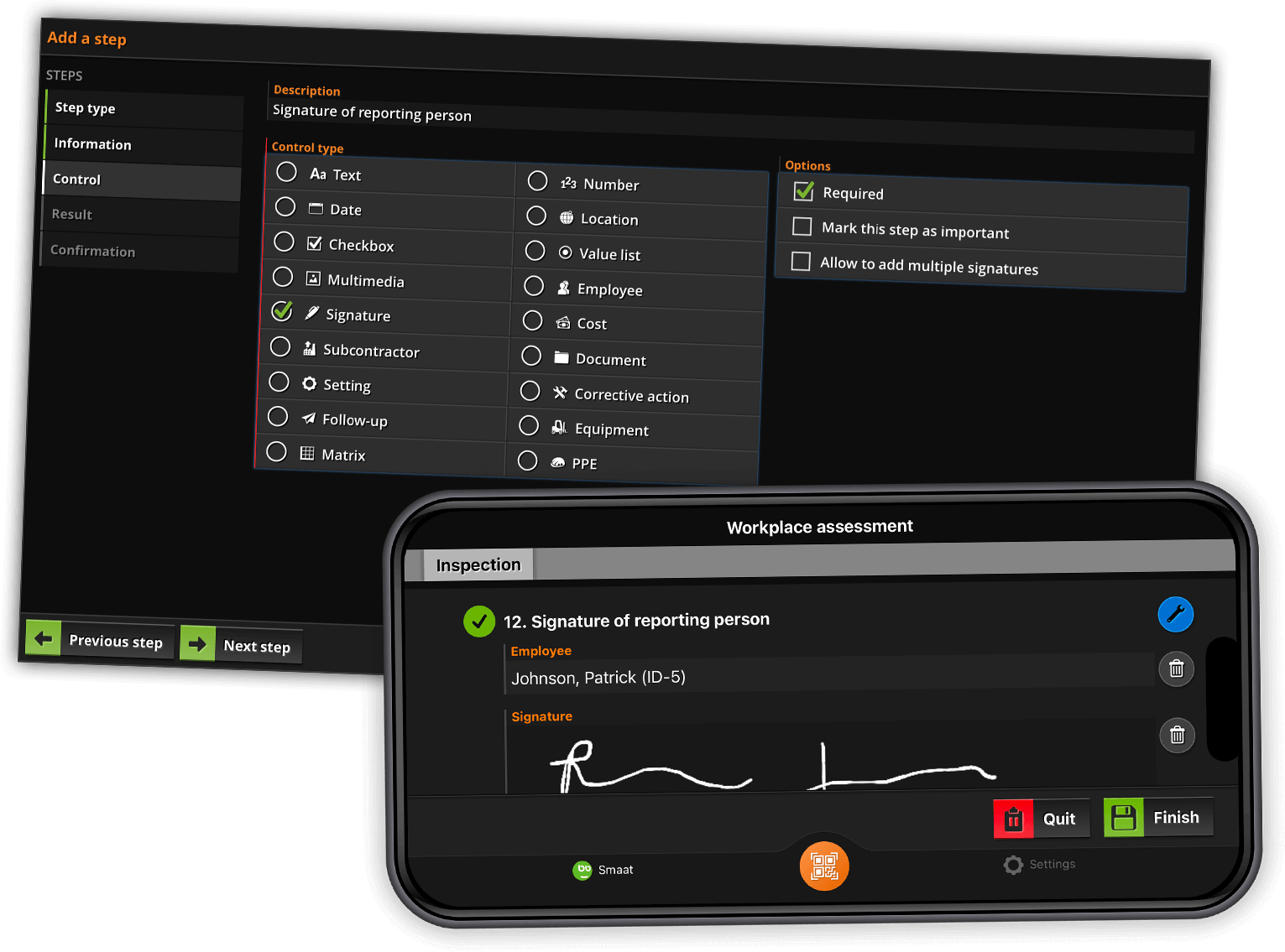 Smaat Inspections Module on mobile app and available control types