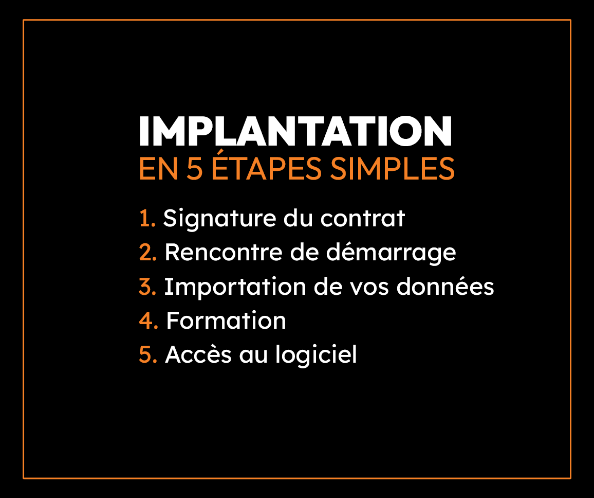 Implantation en 5 étapes simples - 1. Signature du contrat 2. Rencontre de démarrage 3. Importation de vos données 4. Formation 5. Accès au logiciel